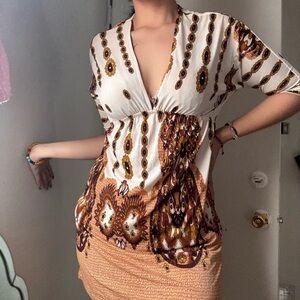 Cristinalove Brown and Cream Patterned Blouse